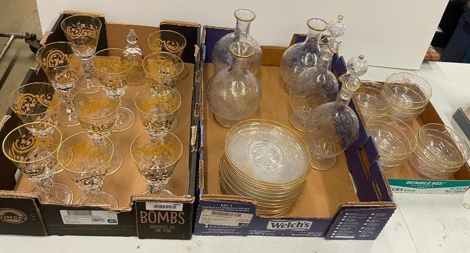 Cut glass goblets with internal bubbles, monogrammed plates and more: Cut glass goblets with internal bubbles, monogrammed plates, decanters and more. One goblet broken. Approx. 38 pieces.