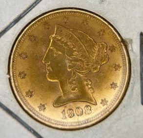 U.S. 1908 $5 Liberty Head gold coin
