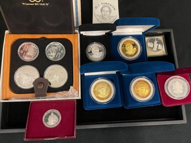 Mixed lot of O.J. Simpson silver rounds, Canada sterling Olympic coins and more