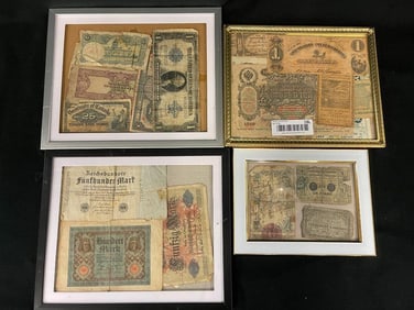 Mixed group of framed U.S., Colonial and foreign currency