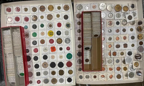 Large group of drink tokens, Great Britain co-op tokens and more
