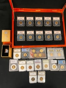 Group of graded and slabbed Sacagawea, Presidential dollars and more