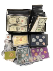 Group of Red Seal U.S. notes, foreign coin sets and more