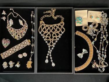 Group of costume jewelry, pins, earrings, necklaces and more