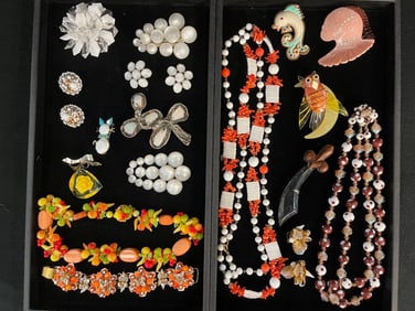 Costume jewelry necklaces, celluloid, lucite pins, Lea Stein hair comb and more