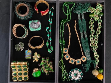 Costume jewelry by Kenneth Lane, Collette Harmon, bakelite, celluloid scotty dog and more