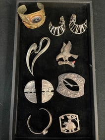 Mixed group of sterling silver pins, earrings and more