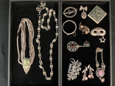Les Bernard necklace, Napier pin, Rode sterling pin and more