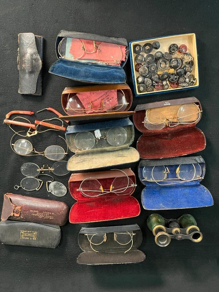 Mixed lot of antique eyeglasses, buttons and more (1 of 8)