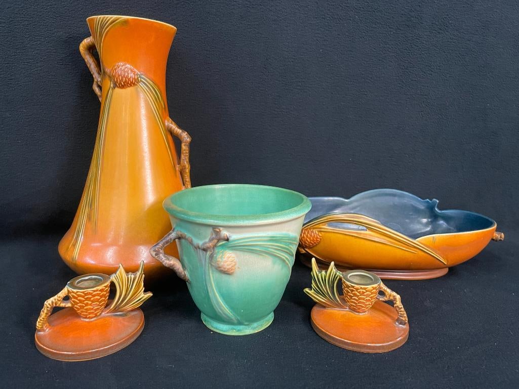 Group of Roseville pottery candle holders, vase, bowl and more (1 of 15)