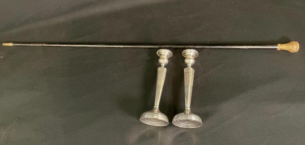 Pair of sterling weighted candlesticks and Cook & Jacques walking stick (1 of 9)