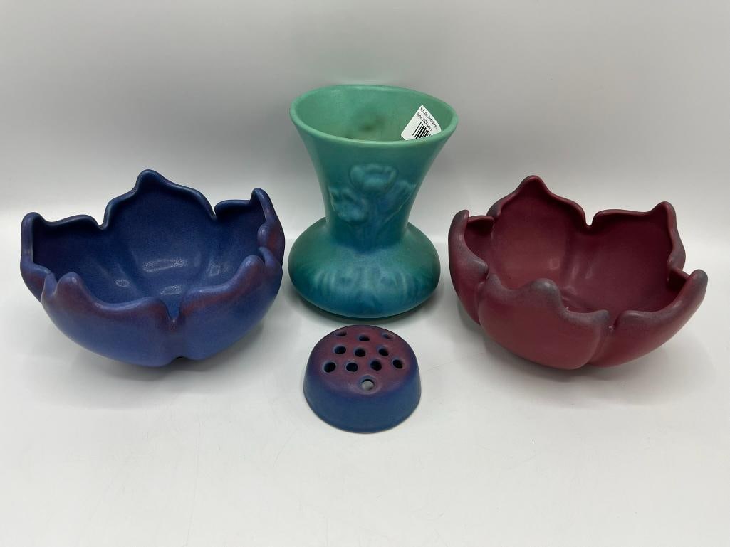 Van Briggle Lotus bowls, vase and flower frog (1 of 7)