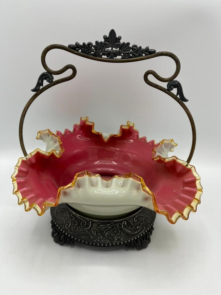 Cranberry and white Brides Basket with metal stand: Cranberry and white Brides Basket with metal stand. Approx. 10x9x9 inches.