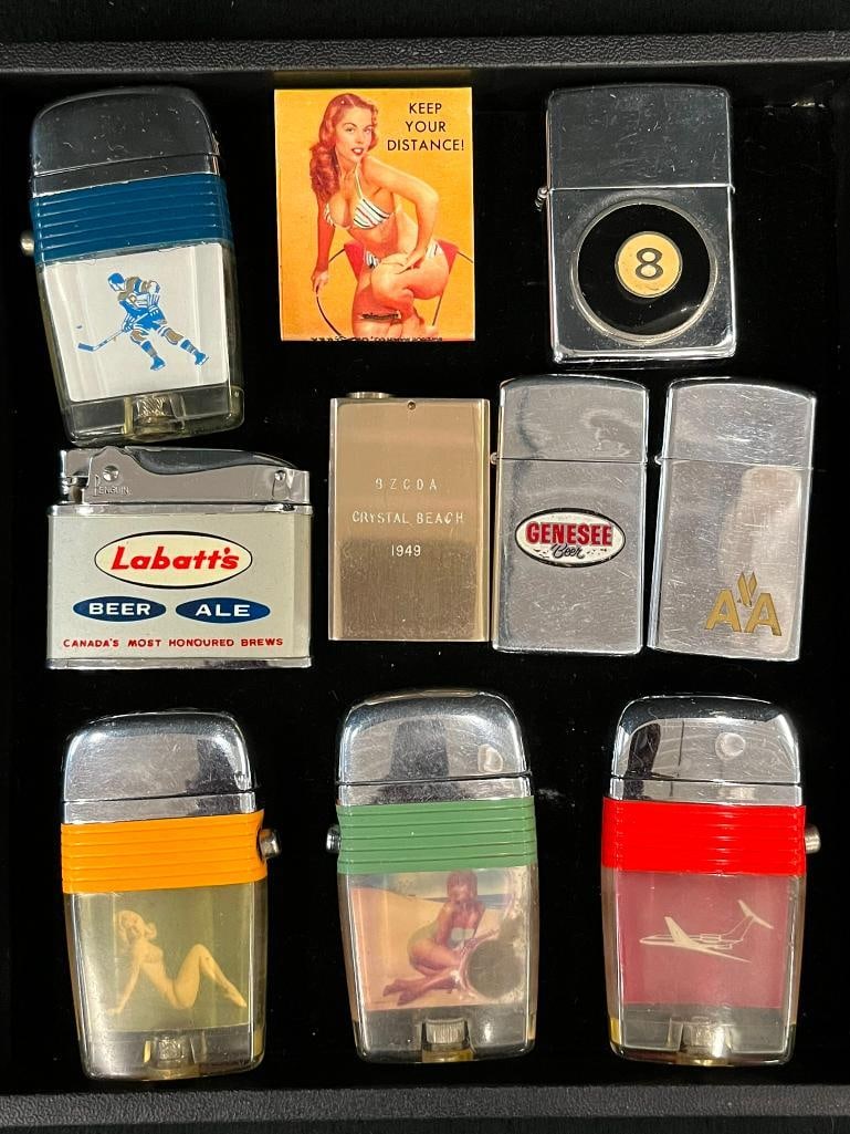 Group of advertising lighters, Zippo, Labatt's, pinups and more: Group of advertising lighters, Zippo, Labatt's, pinups and more. Approx. 10 pieces.