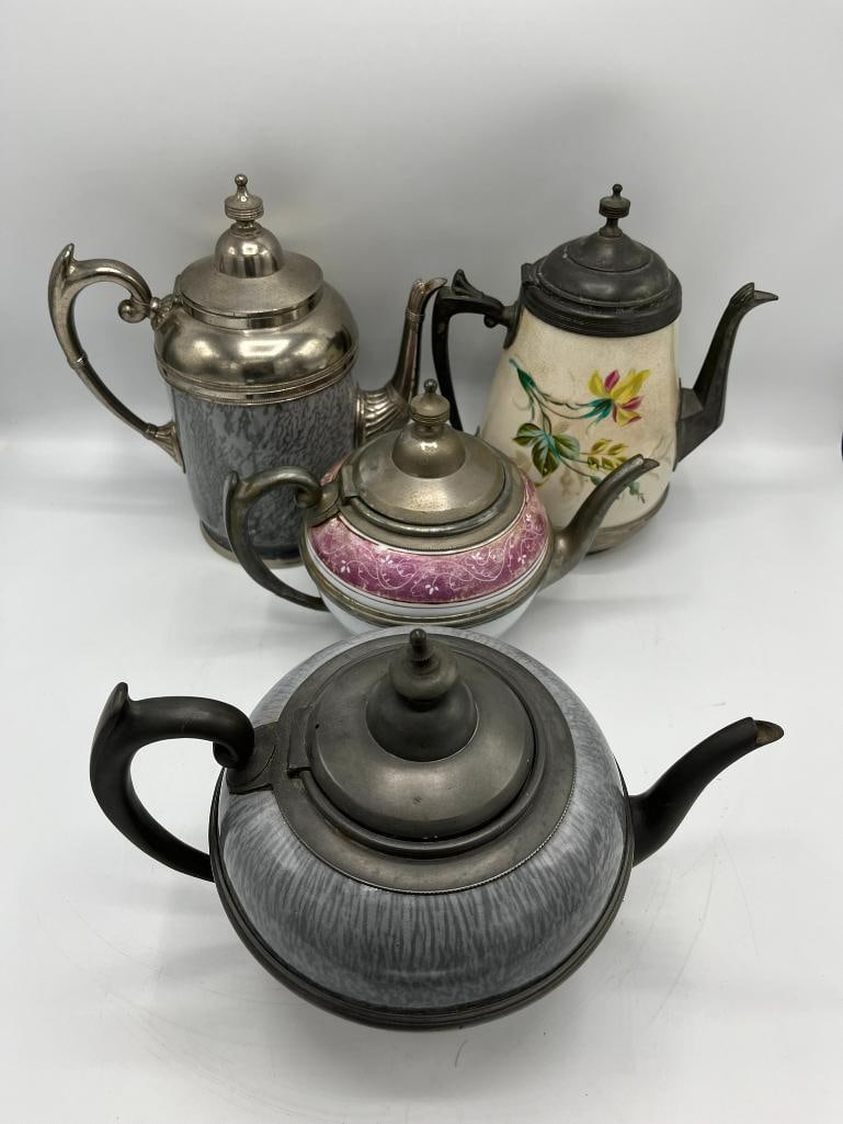 Group of pewter enamel teapots: Group of pewter enamel teapots. 4 pieces.