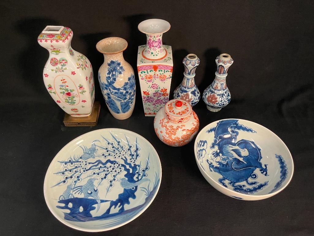 Group of Chinese pottery vases, jar, bowl and plate (1 of 10)