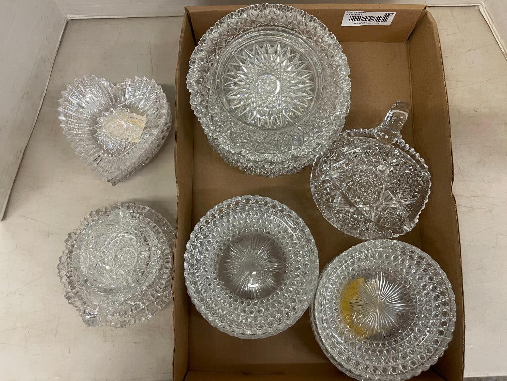 Group of cut glass plates, heart shaped dishes, creamer and more (1 of 7)