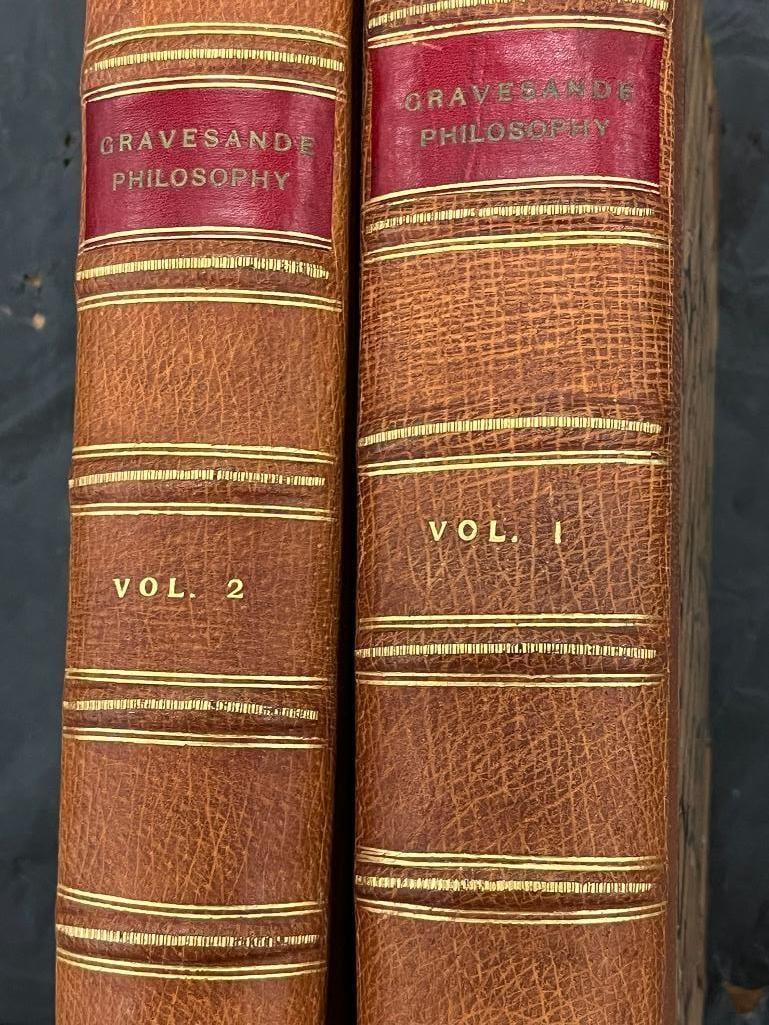 Willem Jacob Gravesande Mathematical Elements of Natural Philosophy Vol. 1 and 2: Willem Jacob Gravesande Mathematical Elements of Natural Philosophy Vol. 1 and 2. Both volumes have damage. Please see photos. Decommissioned from the library of The Strong Museum. 2 pieces.