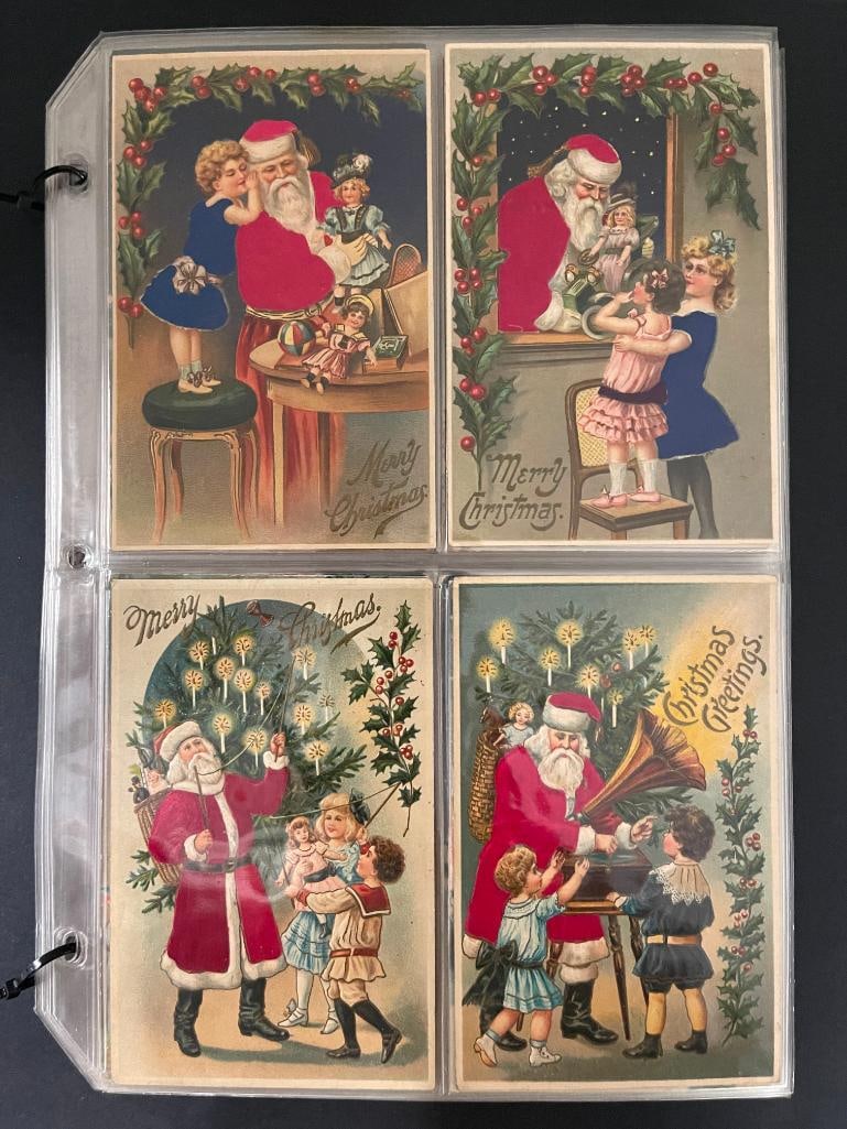 Mixed group of early Christmas postcards, some Santas with cloth coats (1 of 9)