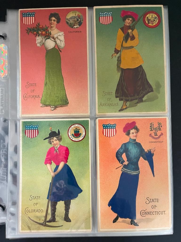Group of early postcards depicting women of their state, some with cloth dresses (1 of 9)