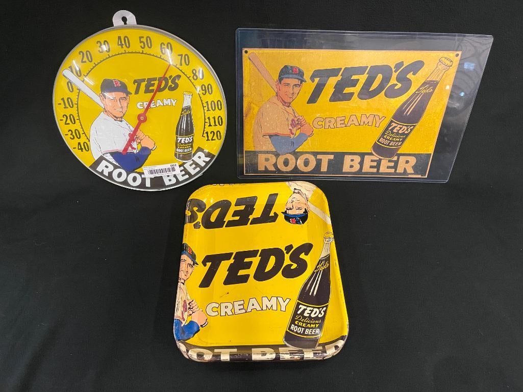 Ted's Creamy Root Beer thermometer, tray and cardboard sign (1 of 5)