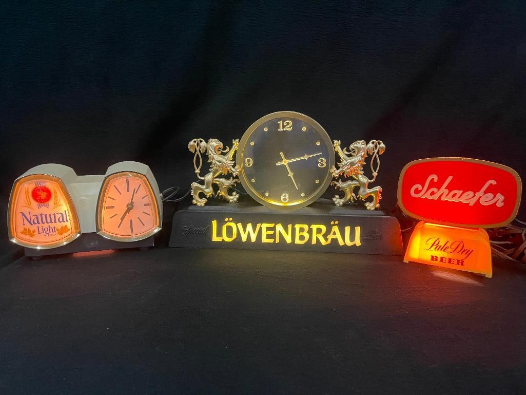 Lowenbrau, Natural Light counter clocks and Schaefer Beer light up sign (1 of 7)