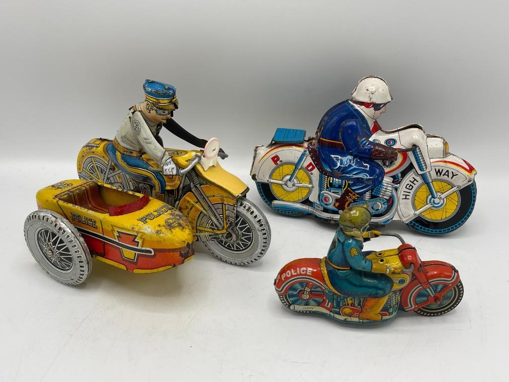 Group of 3 vintage tin wind up / friction motorcycles (1 of 4)