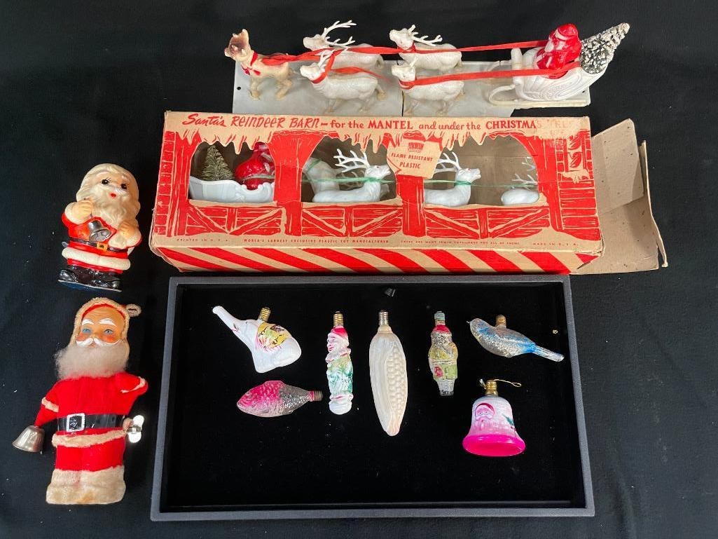 Vintage Christmas bulbs, wind up Santas and more: Vintage Christmas bulbs, wind up Santas and more. Approx. 11 pieces.