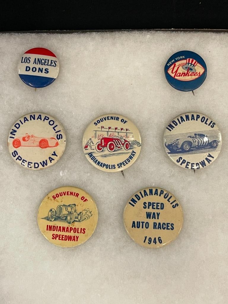 Vintage Indianapolis Speedway buttons, Yankees and more: Vintage Indianapolis Speedway buttons, Yankees and more. 7 pieces.