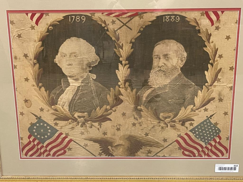 1889 Benjamin Harrison and George Washington printed textile, framed: 1889 Benjamin Harrison and George Washington printed textile, framed. Approx. 23x30x1 inches.