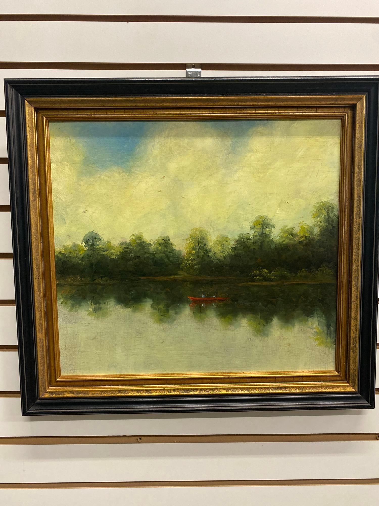 Arlen Perkins unsigned oil on board painting, the best fishing spot: Arlen Perkins unsigned oil on board painting, the best fishing spot. Framed approx. 20x22 inches.