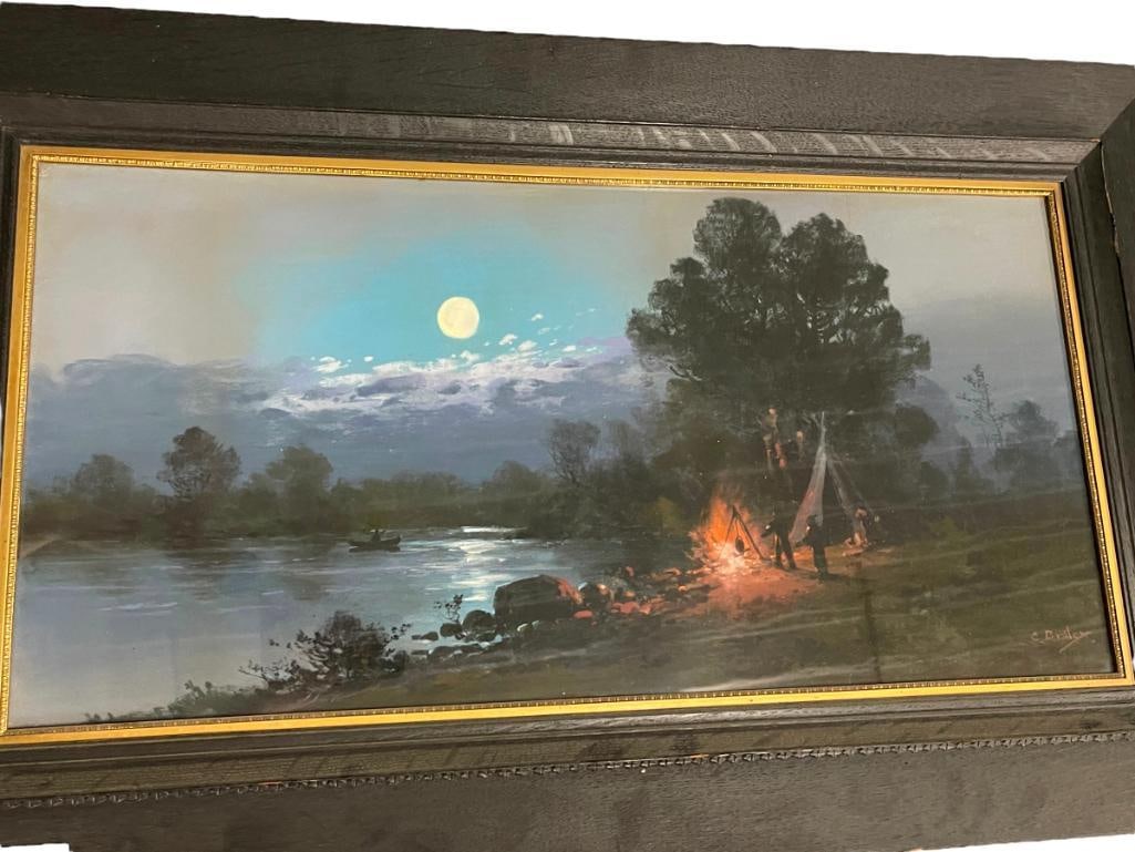 Clarence E. Braley signed pastel of a moonlit river scene: Clarence E. Braley pastel of a moonlit river scene. Frame Approx. 36x22 inches.