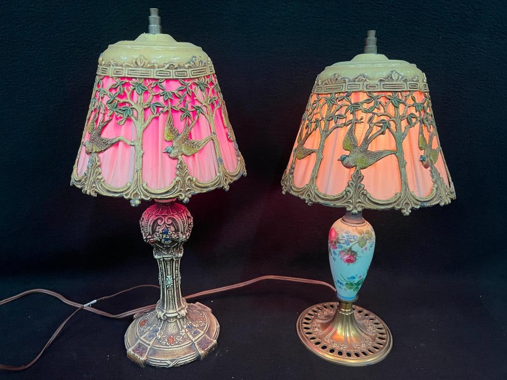 2 lamps with cast metal overlay shades featuring Swallows (1 of 7)