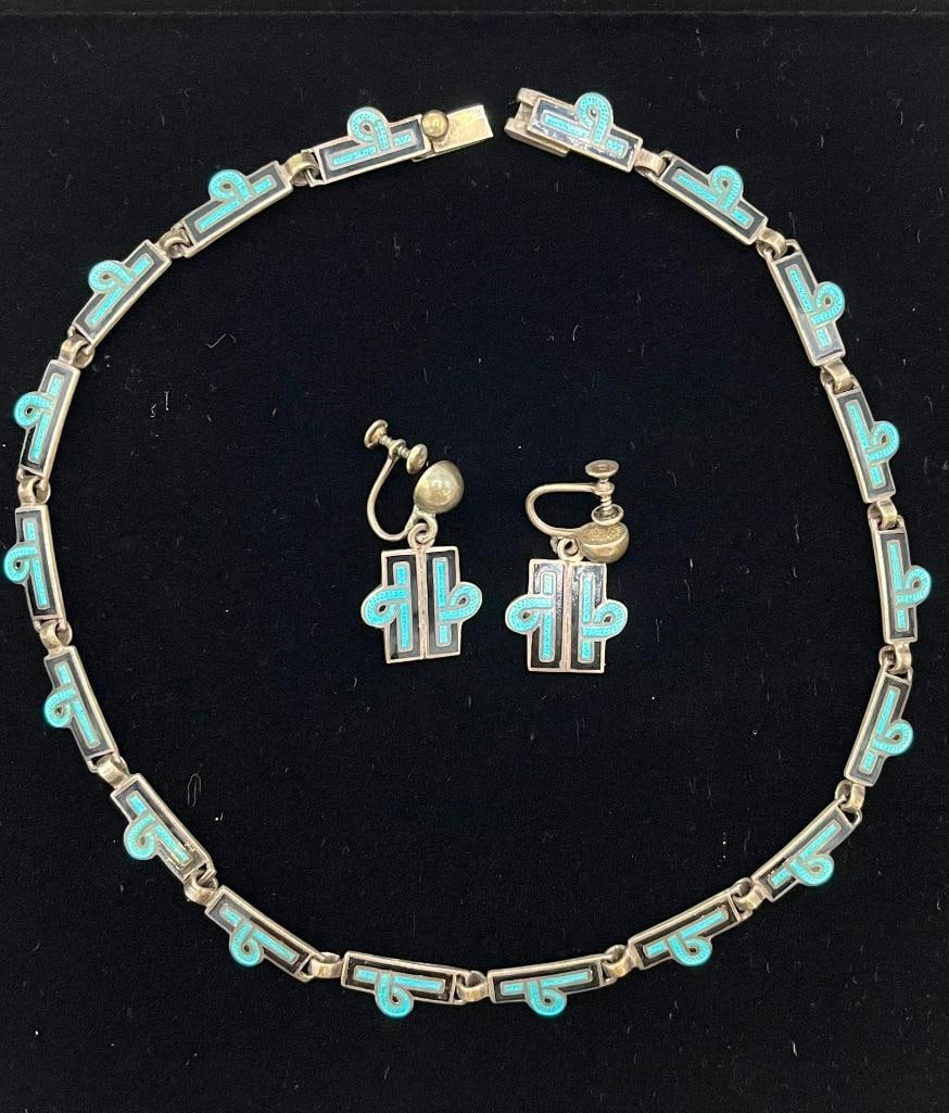 Taxco sterling necklace and earrings: Taxco sterling necklace and earrings. 3 pieces.