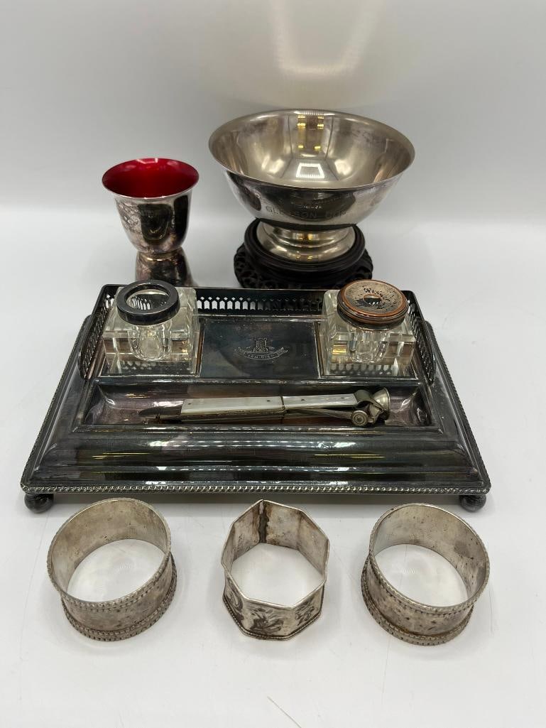 Mother of Pearl cigar cutter, silverplate inkwell, bowl and more (1 of 12)