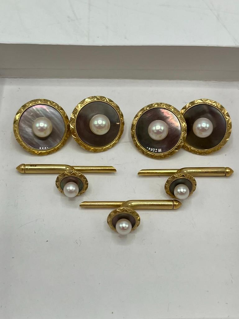 Group of 14k gold cufflinks and buttons with pearls (1 of 7)