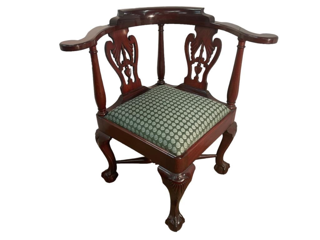 Claw and ball carved corner chair: Claw and ball carved corner chair. Approx. 31x18x18 inches.