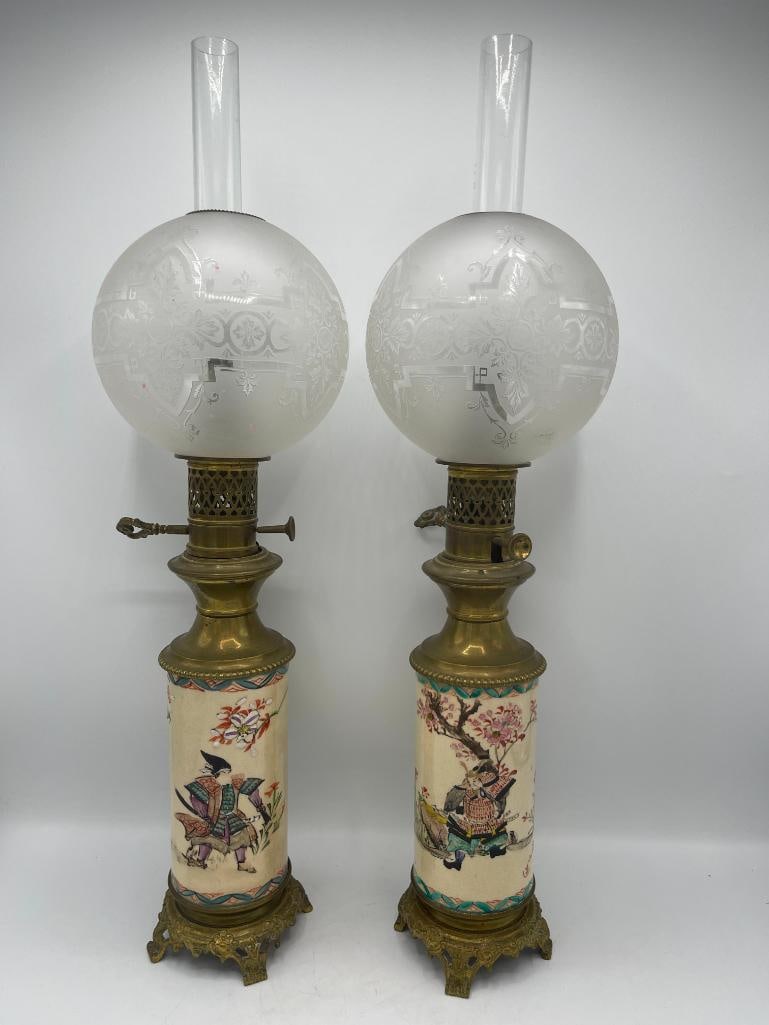 Pair of Japanese oil lamps: Pair of Japanese oil lamps. Approx. 24x6x6 inches
