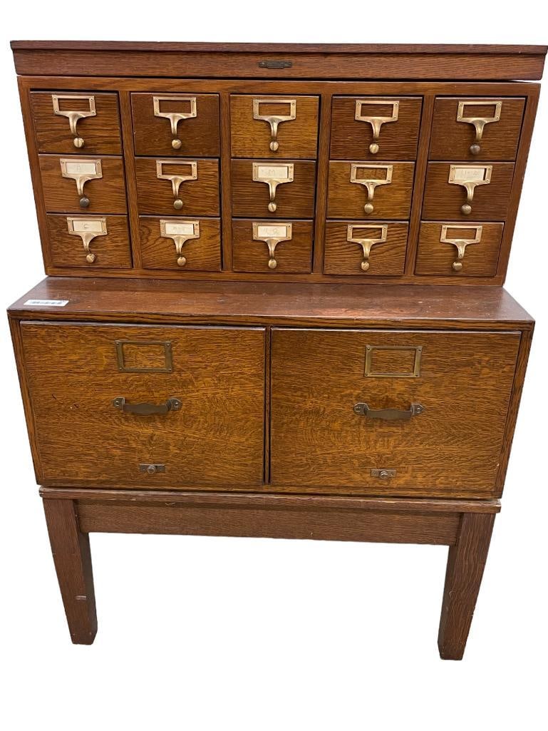 Oak Card catalog and file cabinet: Oak Card catalog and file cabinet . Approx. 45x33x24 inches.