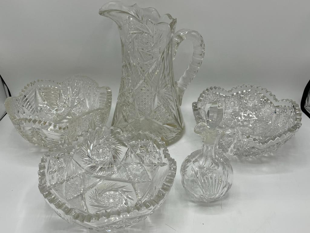 Fry signed cut glass pitcher, cruet and bowls (1 of 8)