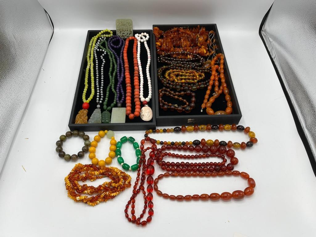 Group of costume jewelry necklaces, bracelets, Jade, Amber and more (1 of 8)