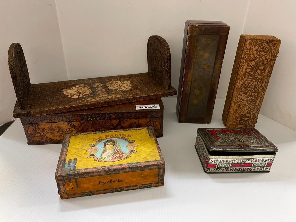 Group of wood, metal boxes, cigar box and more: Group of wood, metal, cigar box and more. 6 pieces.