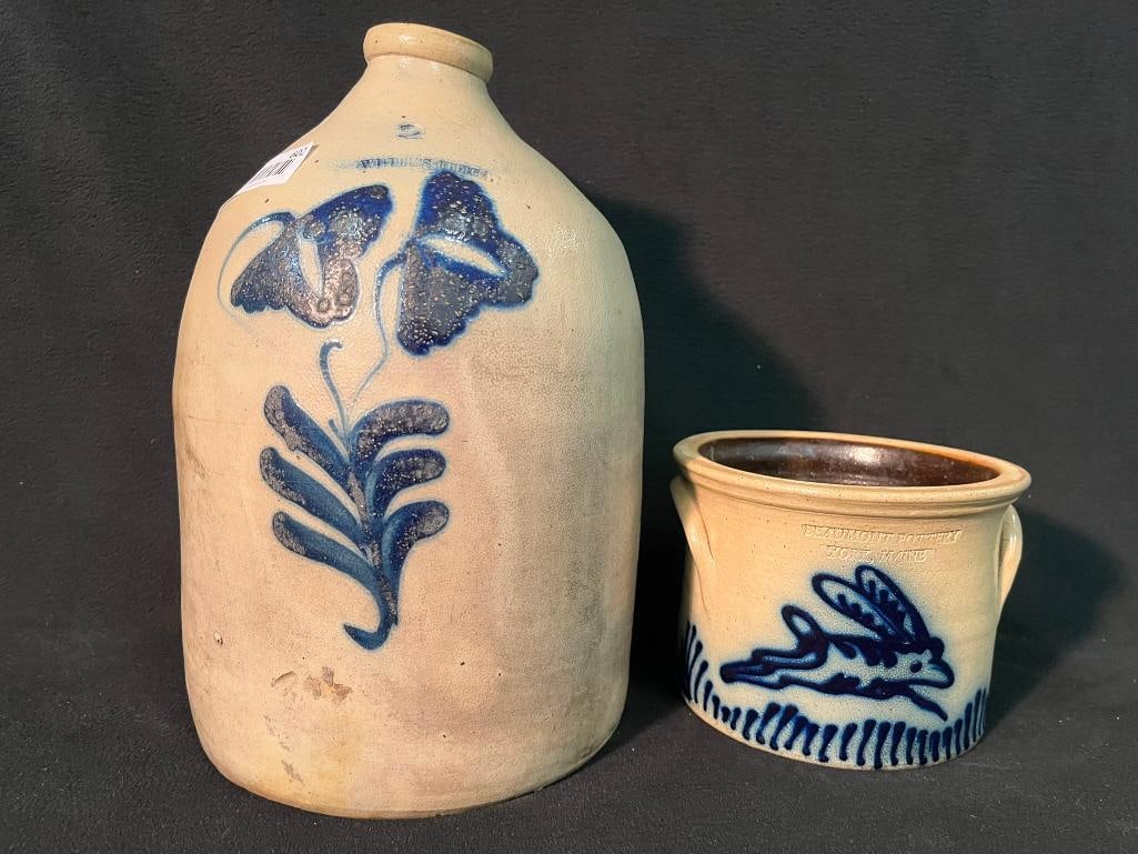 Whites Ithaca stoneware jug and Beaumont Pottery crock: Whites Ithaca stoneware jug and Beaumont Pottery crock. 2 pieces. Approx. 14x9x9 and 5x7x7 inches.
