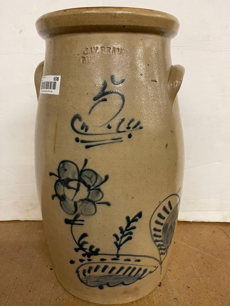 C.W. Braun Buffalo NY stoneware crock / churn: C.W. Braun Buffalo NY stoneware crock / churn. Approx. 18x12x12 inches.