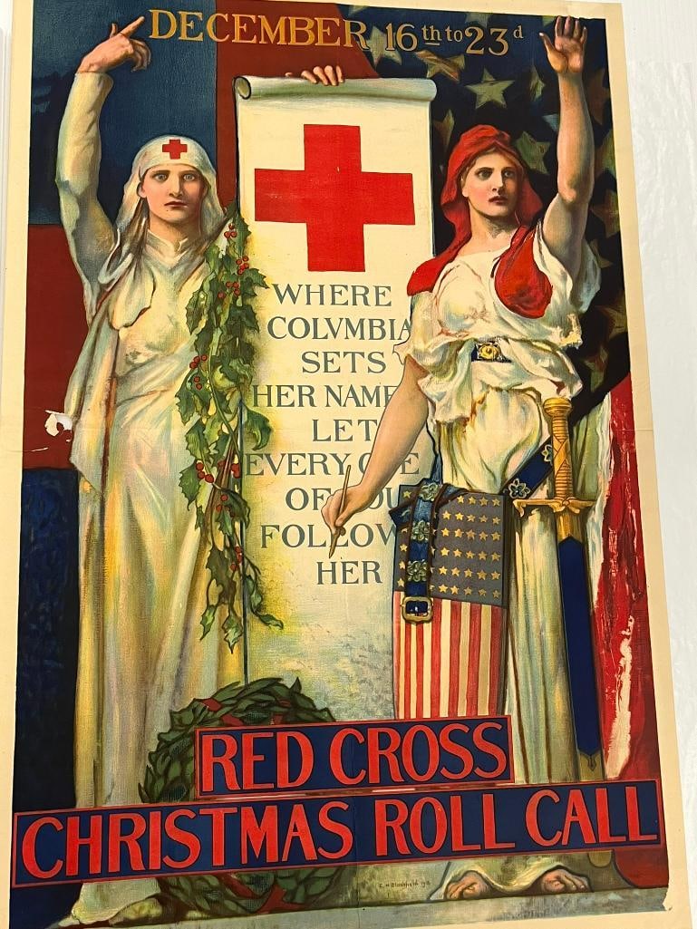 E.H. Blushfield 1918 WW1 Red Cross Christmas Roll Call poster: E.H. Blushfield 1918 WW1 Red Cross Christmas Roll Call poster. Great Condition. Deaccession from Memorial Art Gallery, Rochester NY. Sold to benefit the collection. Approx. 28x19 inches.