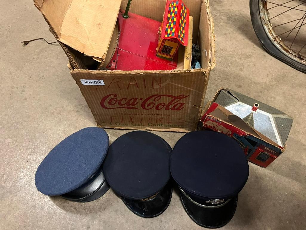 Marx Whistling Station, American flyer train signals and more: Marx Whistling Station, American flyer train signals, track, conductors hat and more.