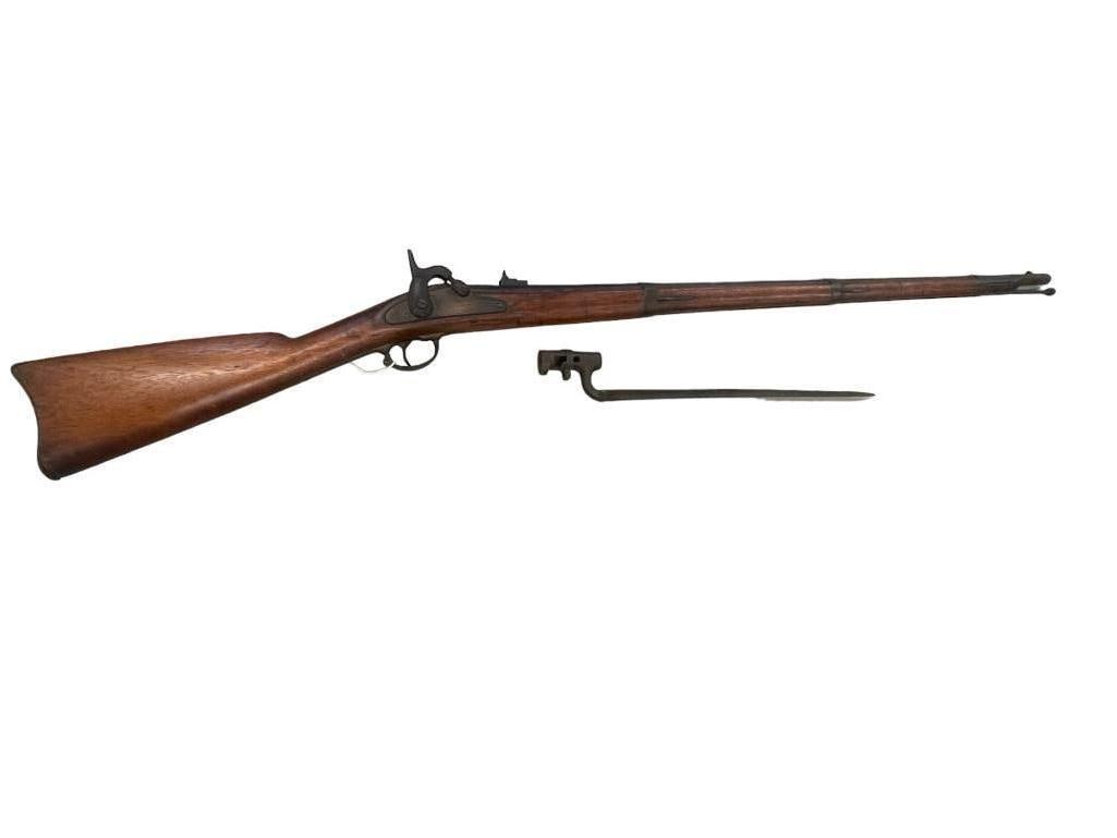 James D. Mowry model 1861 musket with bayonet: James D. Mowry model 1861 musket with bayonet.