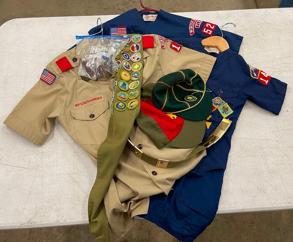 Group of Boy Scout Uniforms, pocket knife, compass and more: Group of Boy Scout Uniforms, pocket knife, compass and more. 9 pieces.