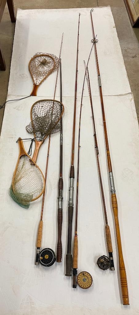 Group of bamboo fishing rods, nets and more: Group of bamboo fishing rods, nets and more. 10 pieces.