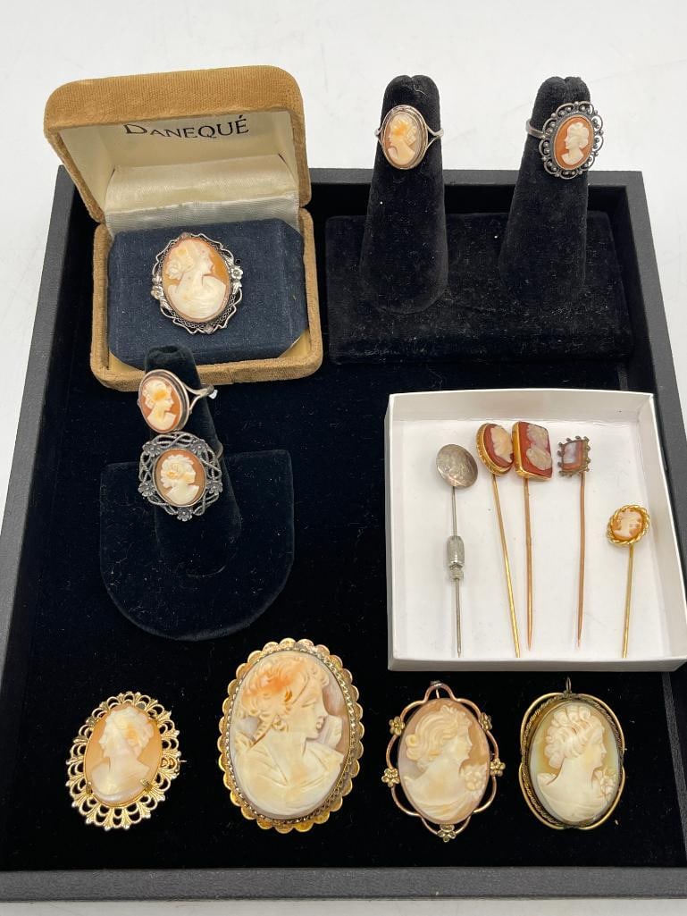 Sterling Cameo pins, stickpins and rings (1 of 9)